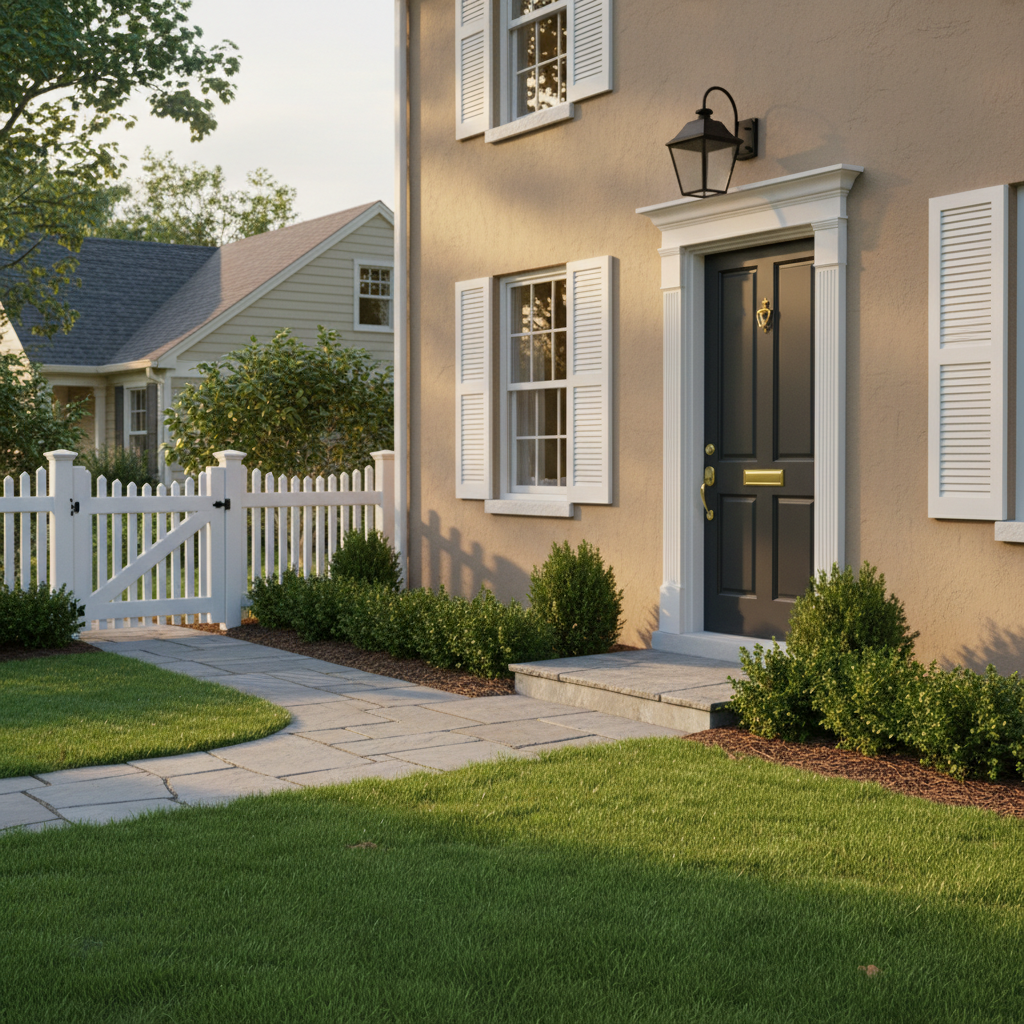 A freshly maintained suburban house façade with meticulous details: clean white shutters, a well-oiled dark gray front door with polished hardware, and a newly fixed exterior light fixture glowing softly near the entrance. Along the pathway, trimmed hedges and a freshly edged lawn frame the scene, with a repaired garden gate standing straight and secure. The setting is a calm residential street in early evening, with golden hour light casting warm highlights on the walls and creating gentle shadows along the stone pathway. Photographic realism captured at eye level using the rule of thirds, with the entrance subtly emphasized. The image feels welcoming, orderly, and professional, symbolizing comprehensive home upkeep, small repairs, and outdoor maintenance without showing any people.