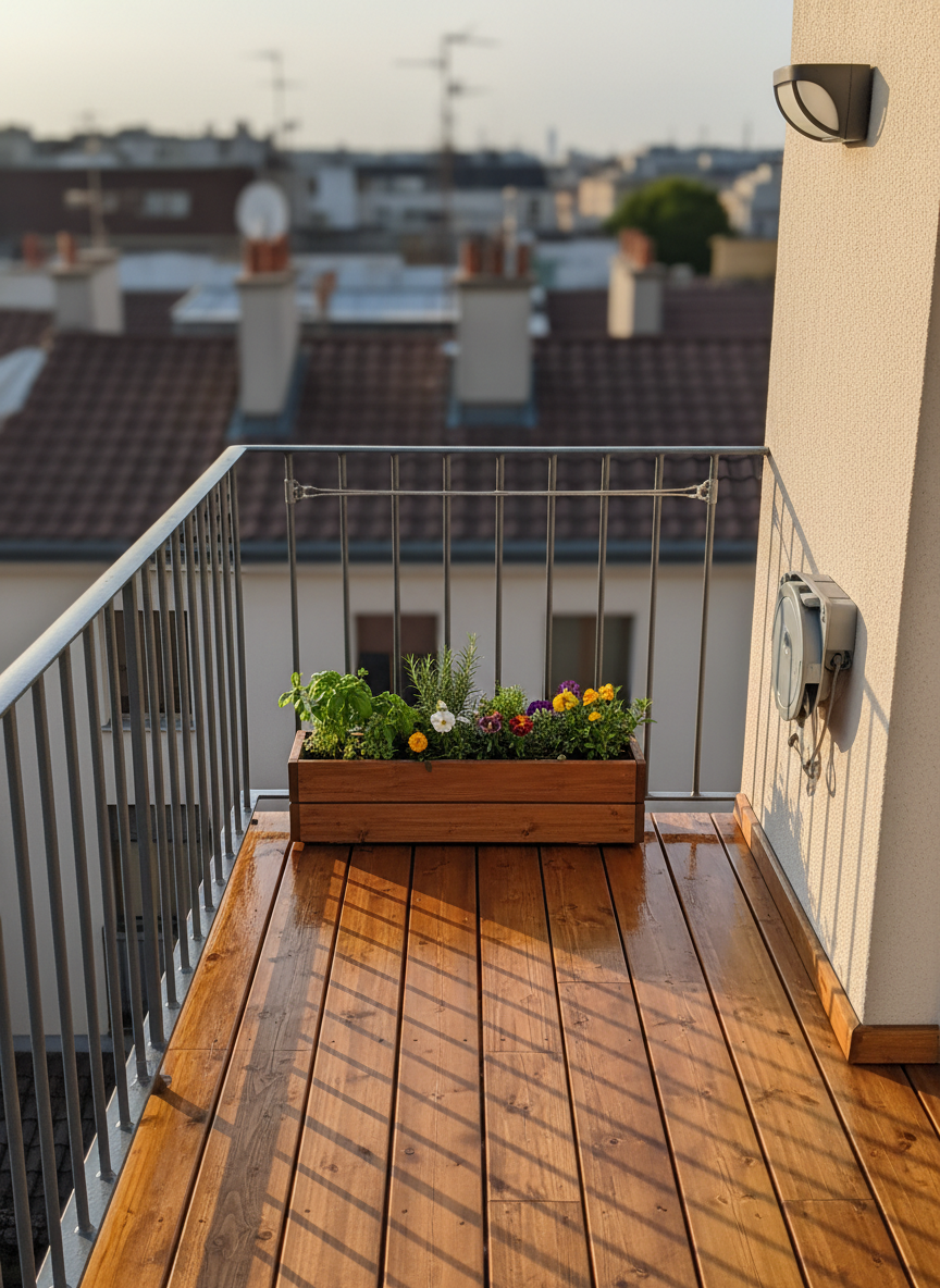 A compact balcony space transformed through meticulous maintenance: newly oiled wooden decking boards with visible grain, a freshly repaired railing with smooth, evenly painted metal bars, and a small, healthy planter box with pruned herbs and flowers arranged with care. A fixed wall-mounted outdoor light and a securely installed retractable clothesline demonstrate additional small jobs completed. The setting overlooks blurred urban rooftops in the distance, hinting at a city environment. Late afternoon natural light washes across the deck, bringing out warm tones in the wood and creating soft, elongated shadows from the railing. Photographic realism, shot from a slightly elevated corner angle, using rule of thirds to highlight the railing and floor. The mood is peaceful, organized, and subtly upscale, illustrating versatile home maintenance and outdoor petits travaux on small urban spaces.