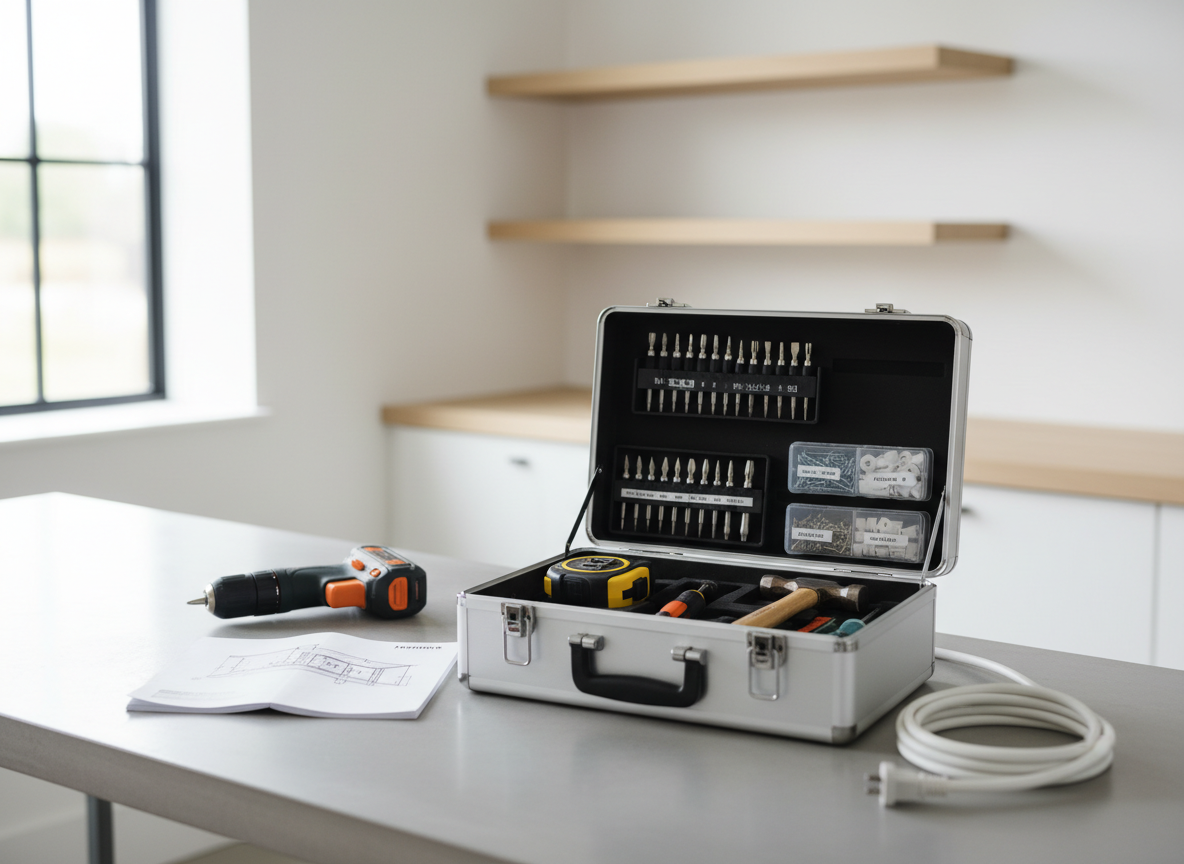 A neatly arranged selection of household maintenance tools spread across a clean, light gray workbench. In the center, a pristine metal toolbox with an organized interior reveals labeled compartments containing a precision screwdriver set, measuring tape, small hammer, box of screws, and wall plugs. Around it lie a folded instruction manual, a compact cordless drill, and a neatly coiled extension cord. The scene is set in a bright, modern home utility room with white walls and light oak shelving in soft focus. Natural daylight from a nearby window creates gentle, even illumination with soft shadows, emphasizing order and reliability. Photographic realism, shot from a slightly elevated angle with sharp focus throughout, conveying a professional, reassuring atmosphere suitable for a home maintenance service website.