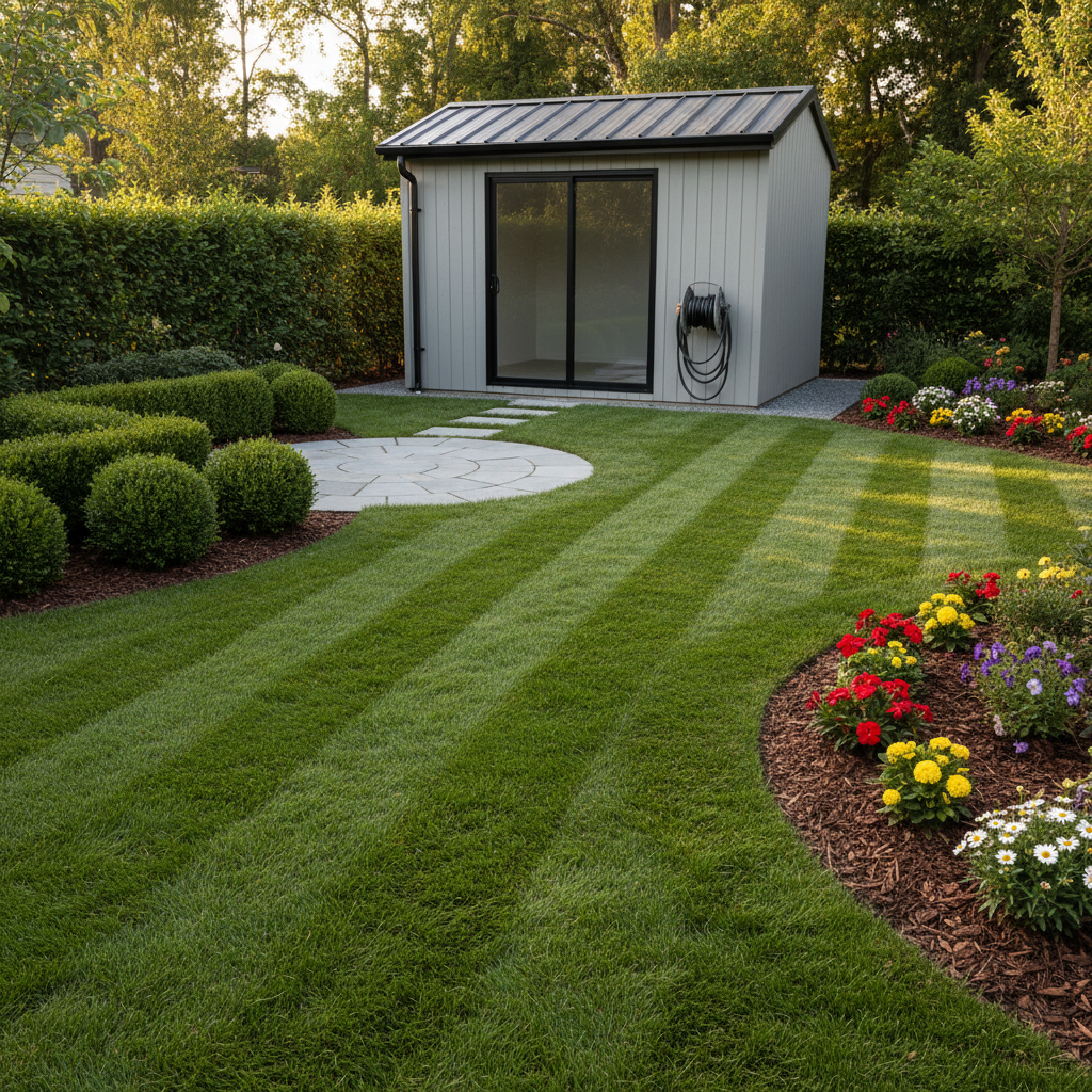 A freshly mowed lawn in a small, well-kept backyard, with precise parallel lines in the grass leading toward a compact stone patio. On one side, a neatly trimmed hedge and shaped shrubs show recent pruning, while on the other, a mulched flower bed with bright seasonal blooms contrasts against dark, rich soil. A closed, modern garden shed with clean siding and a securely mounted hose reel anchors the background. Soft afternoon sunlight filters through unseen trees, creating dappled highlights on the lawn and gentle shadows along the path. Photographic realism, shot from a slightly elevated wide-angle perspective, ensuring sharp focus from foreground grass texture to distant shed. The mood is calm, orderly, and professional, clearly expressing expert care for small outdoor jobs and green space maintenance.