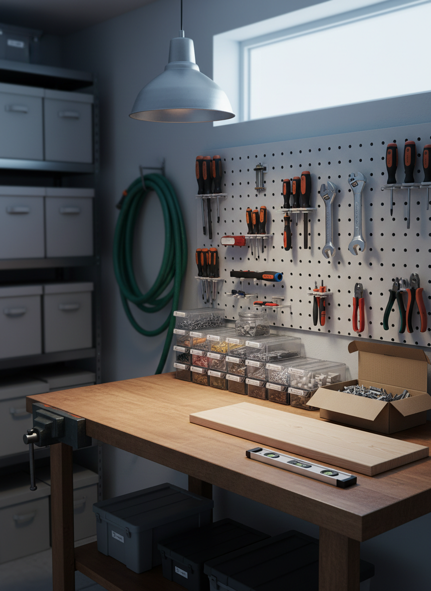 A compact, well-organized corner of a garage dedicated to DIY and petits travaux. A sturdy wooden workbench with a smooth, slightly worn surface supports a tidy arrangement of labeled storage bins, a wall-mounted pegboard holding neatly aligned hand tools, and a small vice fixed to the edge. On the bench lies a sanded wooden shelf ready for installation, a box of wall anchors, and a precision level. The background shows stacked storage boxes and a coiled garden hose in soft blur. Cool, diffused daylight from a high window combines with a single overhead workshop light, creating soft, directional shadows. Photographic realism, shot from a three-quarter angle with moderate depth of field, evoking a professional, trustworthy, and practical atmosphere ideal for showcasing home repair and bricolage services.