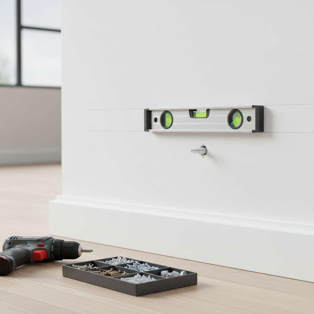 A close-up, detailed view of a small home repair in progress: a pristine white interior wall with a precisely measured pencil line, a spirit level aligned perfectly, and a drilled hole fitted with a fresh wall plug. Below, a compact tray on a smooth wooden floor holds a selection of sorted screws, anchors, and a sleek cordless drill resting on its side. The background shows a minimal, modern room slightly out of focus, with a baseboard recently repainted and flawless. Soft, diffused daylight enters from an unseen window, creating gentle shadows that highlight the textures of the tools and wall. Photographic realism, captured from a low, side angle with shallow depth of field, creating an intimate, meticulous, and professional mood ideal for illustrating careful small-scale home installation and dépannage work.