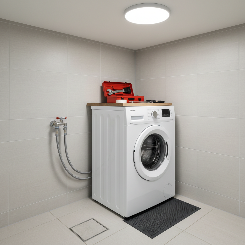 A tidy utility space featuring a recently serviced washing machine and small plumbing repairs. The white appliance stands level and spotless against a light-tiled wall, with new, neatly installed braided hoses and a shiny shutoff valve clearly visible. On a small nearby shelf, a compact toolbox is open to reveal plumbing tape, adjustable wrench, and replacement washers. The floor is clean, with a subtle drain cover and a rubber mat aligned perfectly. Bright but soft artificial ceiling light evenly illuminates the scene, reducing harsh shadows and emphasizing cleanliness and order. Photographic realism, framed at waist height with a slight three-quarter angle, keeping all components in clear focus. The atmosphere is reassuring, functional, and professional, perfectly suited to convey at-home troubleshooting, minor plumbing fixes, and appliance-related petits travaux without any human presence.